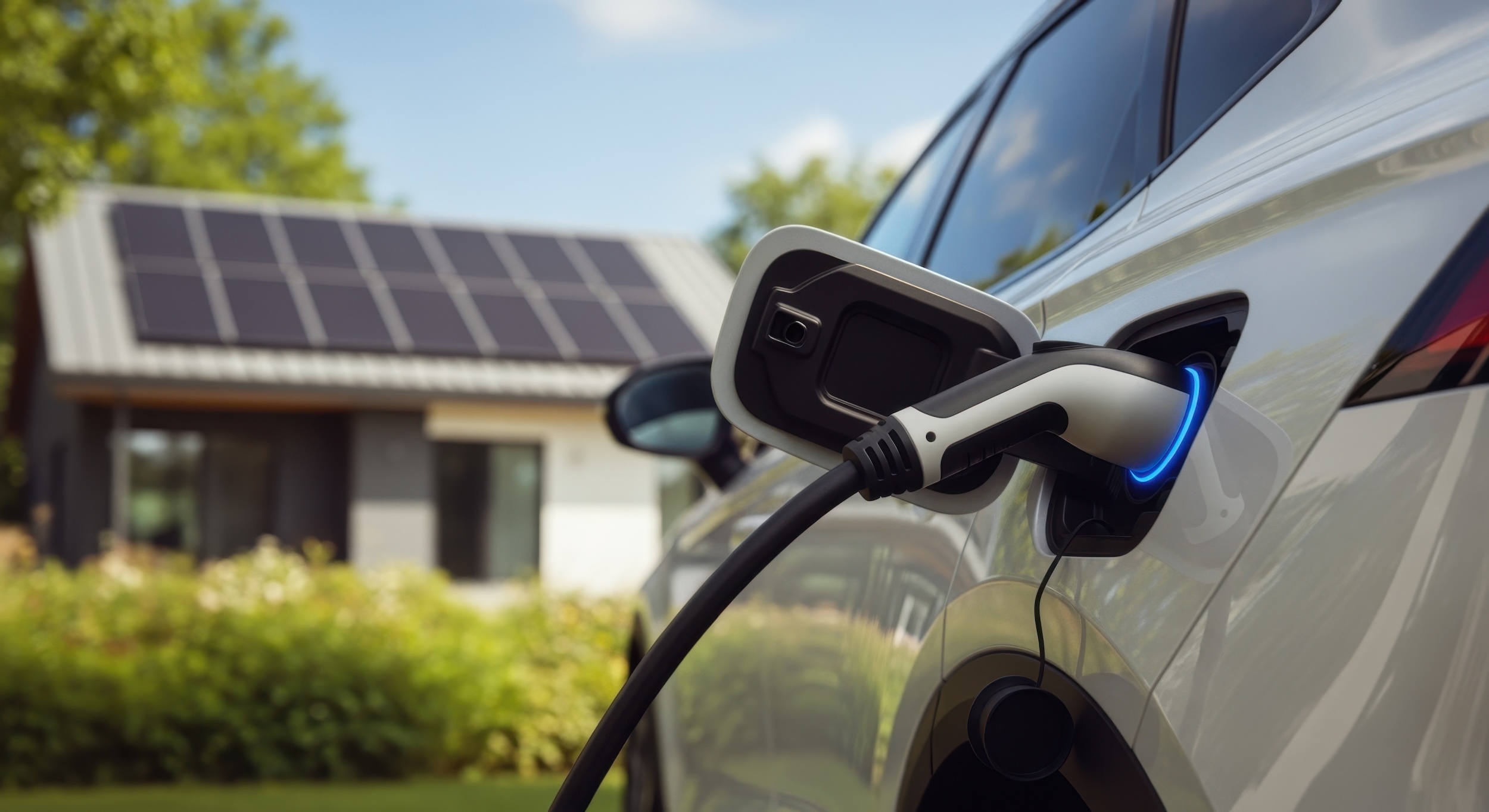 Closeup Of Electric Vehicle Charging Cable Connected To Suv At Ecofriendly Home With Solar Power.