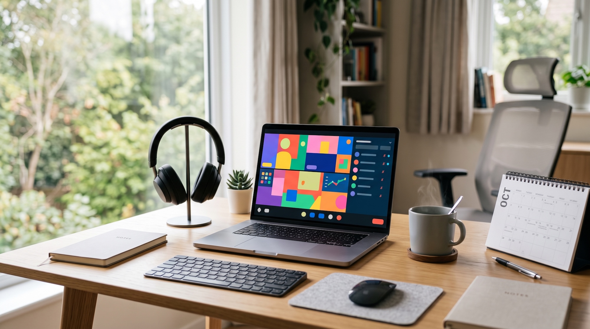 Modern Home Office Workspace With Laptop And Accessories On A Wooden Desk By Window